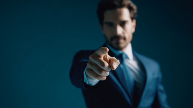 Professional businessman pointing forward confidently. Male leader directing team with decisive hand gesture in corporate setting.