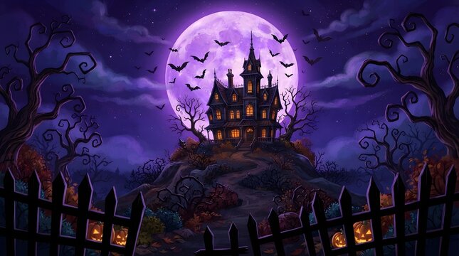 Haunted house on a hill under a large purple moon