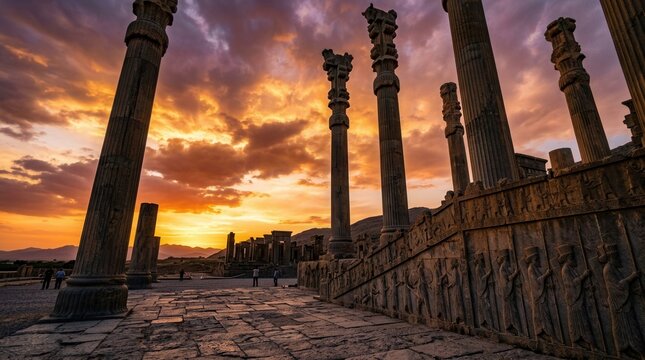 Ancient Persepolis Ruins at Sunset with Dramatic Sky.