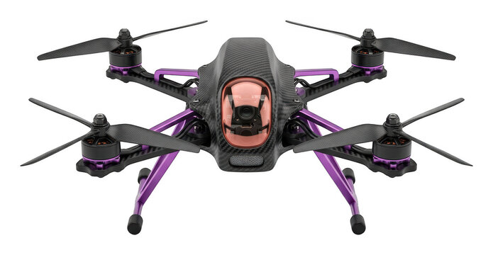 Professional carbon fiber racing quadcopter drone with purple frame and camera isolated transparent background image