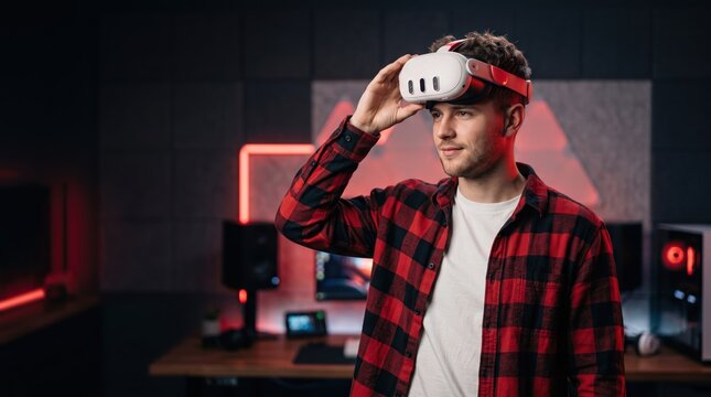 Man in plaid shirt adjusting VR headset in a futuristic gaming room with red neon d&eacute;cor and blurred computer setup in the background