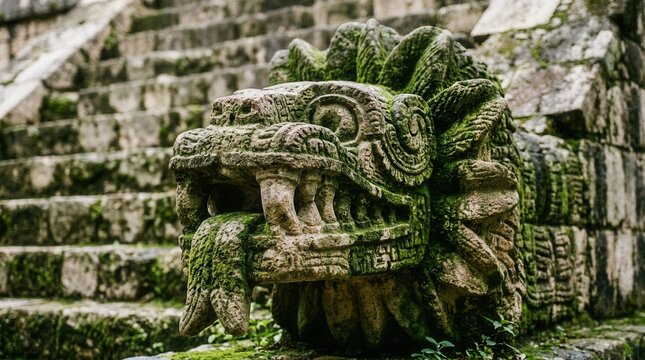 Ancient Stone Serpent Head Sculpture at Mayan Ruins.