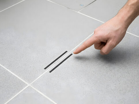 Hand Pointing Finger at Floor Tile Joint Grout Line | Inspection of Tile Flooring Grout and Gap Installation | Person Pointing at Floor Tile Seam during Home Inspection 