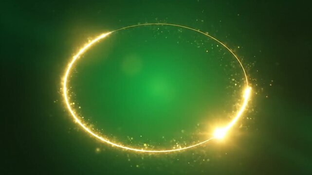 Bright golden light trail forming oval shape with sparkling particles on dark green background