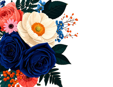 Floral bouquet with blue roses and white anemone for wedding invitation design