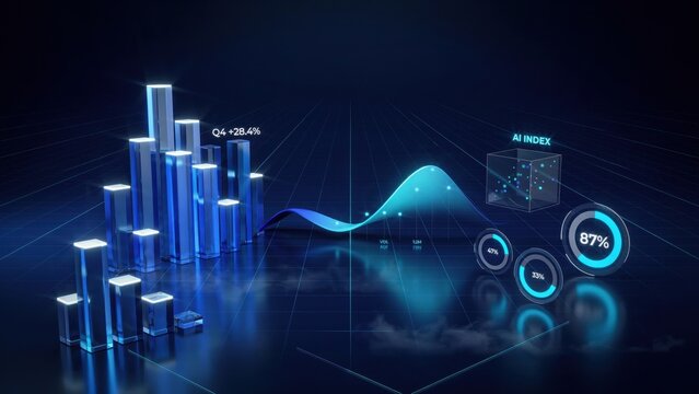 Futuristic financial bar charts and data graphs glowing on dark blue background. Perfect for stock market analysis and.