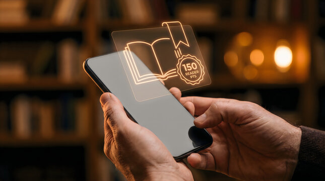 Digital ebook library app on smartphone, glowing book icon with 150 elements, online education and mobile reading concept
