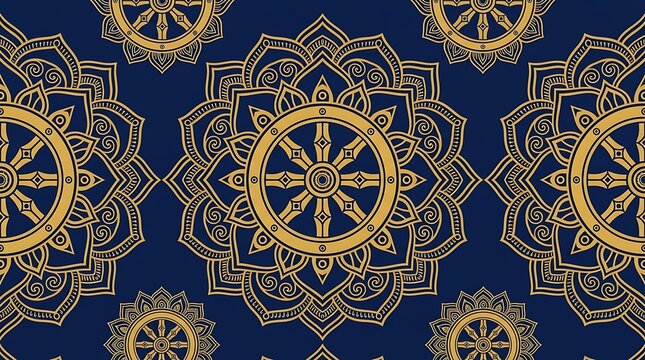 Ornate golden dharma wheel and mandala pattern on dark blue backdrop