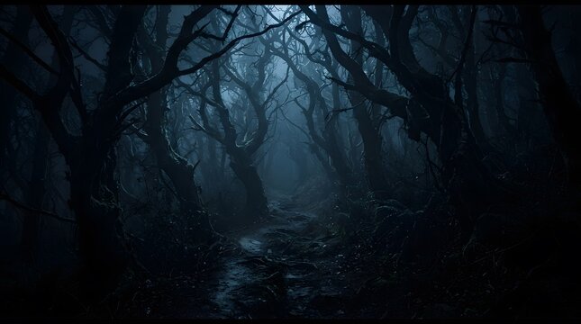 Eerie dark forest path at night with twisted trees