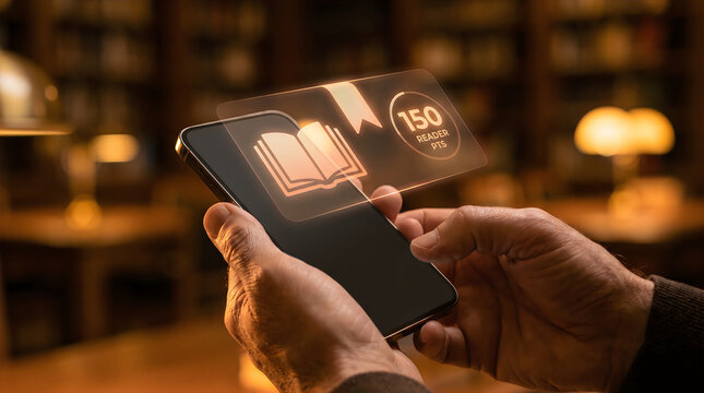 Futuristic digital reading app on smartphone, glowing ebook interface with 150 reader pts, modern library technology concept
