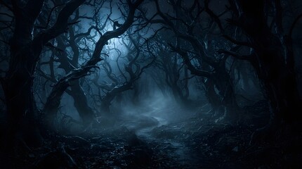 Obraz premium Misty dark forest path under moonlight