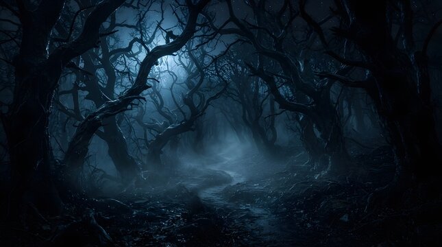 Misty dark forest path under moonlight