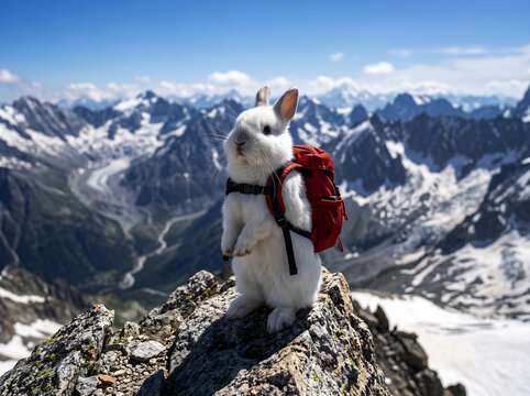 Adventurous white rabbit wearing small red backpack standing on mountain peak looking at snowy alpine landscape and glaciers cute bunny hiker reaching summit during high altitude mountain trekking.