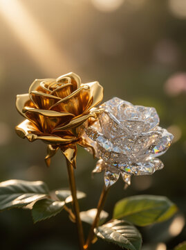 Two elegant decorative roses side-by-side against a soft, warm bokeh background. One rose is crafted from polished solid gold, while the other is meticulously cut from brilliant crystal
