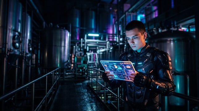 Futuristic technician in cyber suit showcasing digital tablet interface, smart factory machinery and automated control system, representing advanced technology and digital transformation