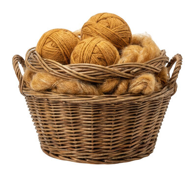 Rustic brown woven basket filled with golden yellow yarn balls and soft raw wool isolated transparent background image