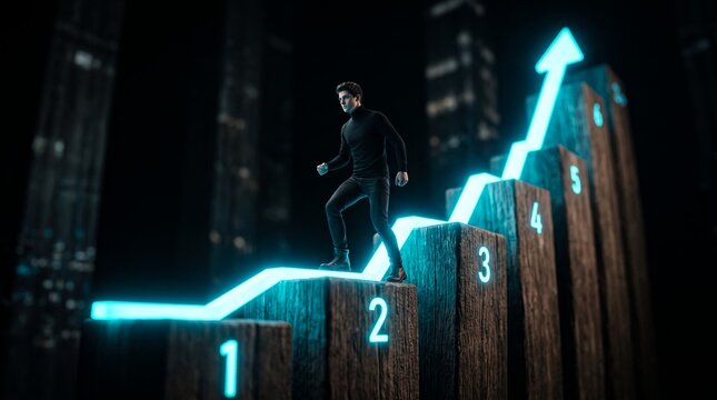 Businessman walking up a rising bar chart showcasing numbered wooden blocks, glowing upward arrow and dark skyscraper background, symbolizing career advancement and financial growth