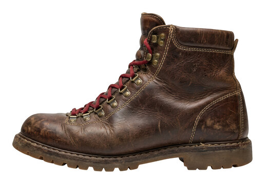 Rugged brown leather work boot with vibrant red laces and worn texture, a sturdy isolated transparent background image