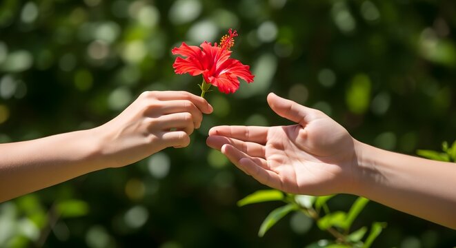 One person giving a red hibiscus flower to another person outdoors