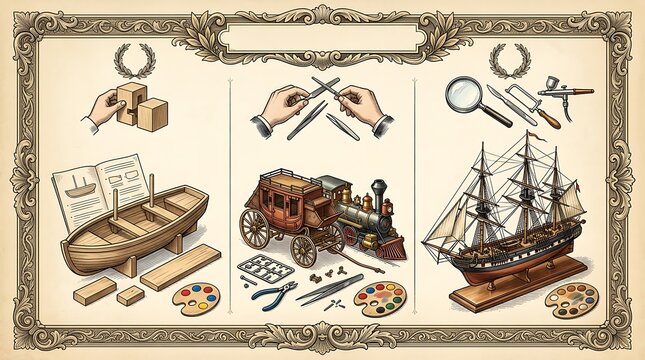 Scale model building craft process in vintage engraved style