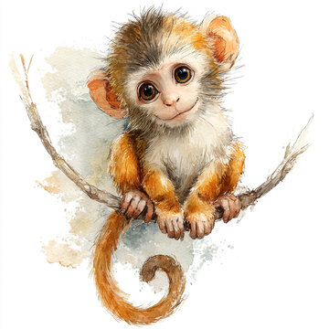 Cute baby monkey hanging from a branch. Adorable primate wildlife illustration for nature and animal themes.