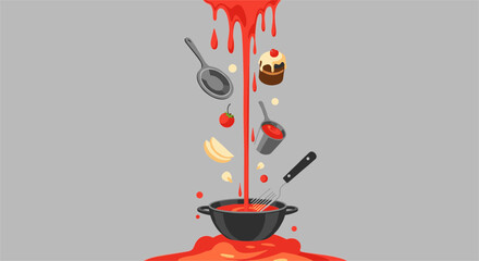 Red liquid pouring into black bowl with kitchen utensils and food ingredients like tomatoes and eggs floating in the air.