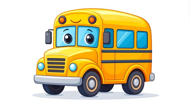 Cute Cartoon School Bus Icon Happy Yellow Transport Mascot Illustration Isolated white Background