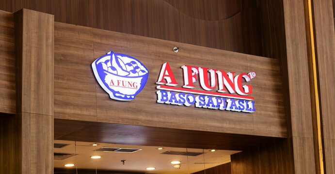 Jakarta, Indonesia - July 30, 2026: A Fung baso sapi asli logo signage.