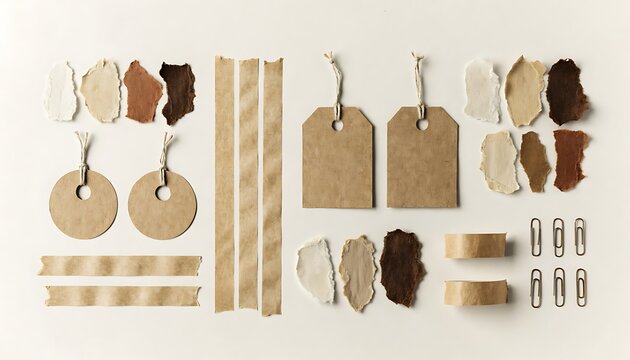 Flat lay composition of craft paper tags and torn paper scraps