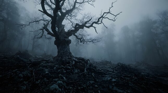 Eerie foggy forest with twisted ancient tree