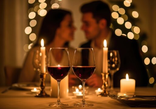 Romantic dinner date with wine and candles