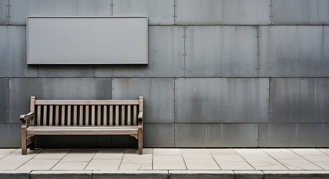 A sturdy wooden bench sits patiently on a tiled pavement beneath a large rectangular display panel mounted firmly onto a weathered metallic facade that features industrial texture and visible