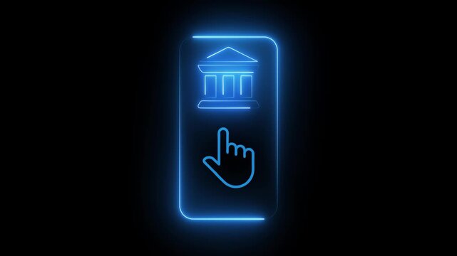Mobile Banking App Neon Animation | Glowing Digital Finance and Hand Tap Icon, Futuristic Online Banking Concept | Smartphone Screen with Neon Bank Building.