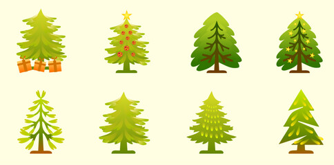 Obraz premium green pine christmas trees set with gifts and stars