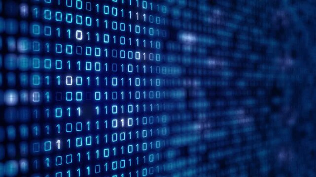 Binary numbers and digital data layered over a blue computer interface, representing computing, cybersecurity, information processing, and digital technology. 4K