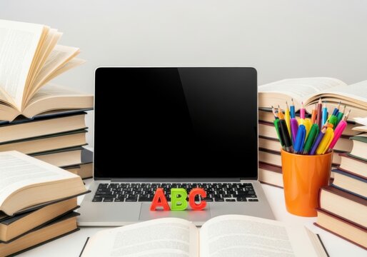 Laptop with abc letters and books on a desk