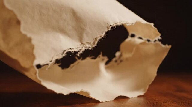 Close up view of torn brown paper bag with detailed frayed edges on wooden surface