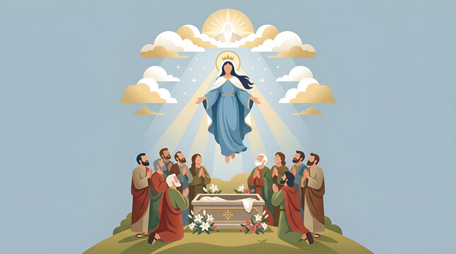 Feast of the Assumption of Mary Vector Banner showing Virgin Mary Ascending to Heaven with Angels, Apostles Praying at Empty Tomb, and Divine Light