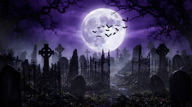 Spooky graveyard under a full moon with bats