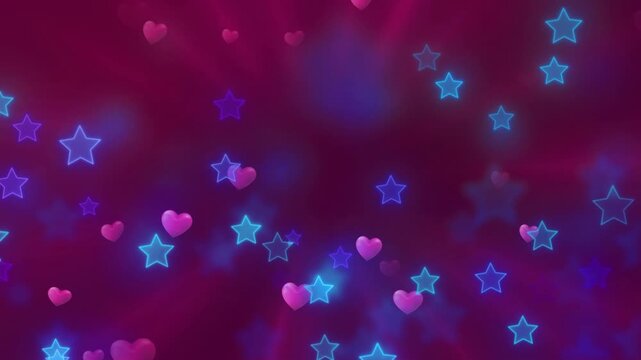Animated glowing blue stars and pink hearts floating against a vibrant purple magical background with drifting across glowing