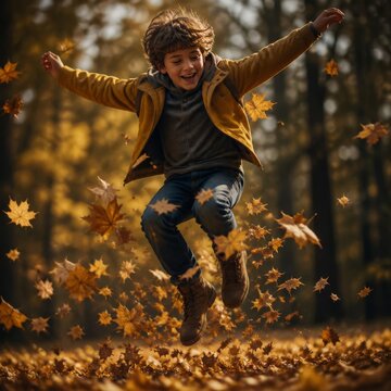 Happy boy jumping in autumn leaves, celebrating the fall season outdoors