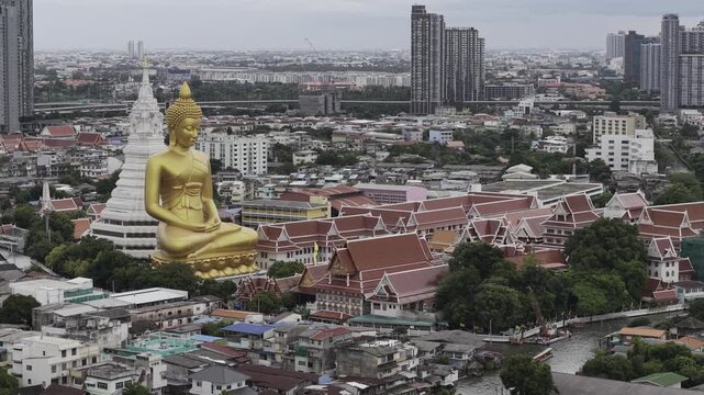 An aerial view of Wat Paknam Phasi Charoen with modern office building travel in Bangkok Thailand