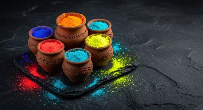 Vibrant Holi Colors in Traditional Clay Pots on Dark Background.