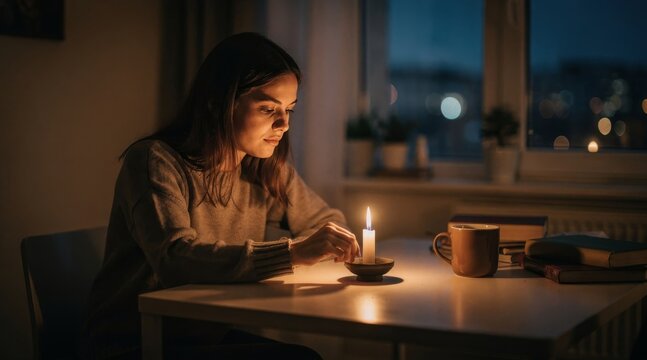 Young woman finds solace in candlelight during a quiet evening