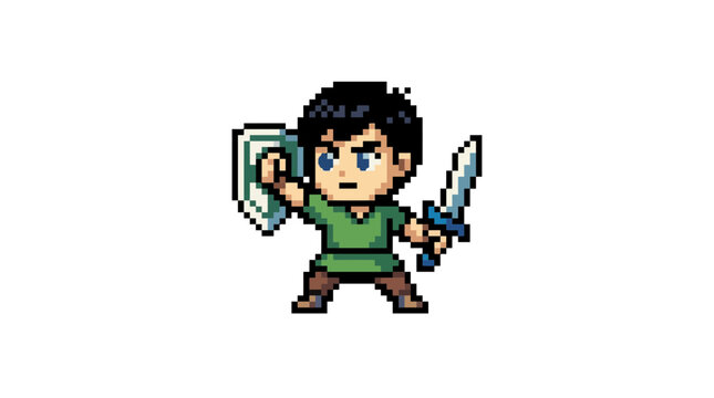Pixel art game character holding a sword and shield.