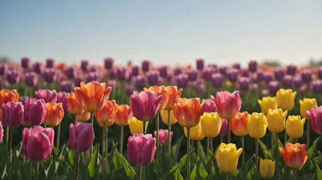Colorful tulips blooming across a flower field and gently moving in a soft spring breeze.