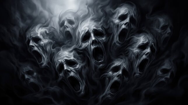 Dark digital art of screaming ghostly faces emerging from swirling smoke for horror themes