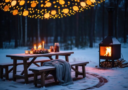 Winter outdoor dining setup with fireplace