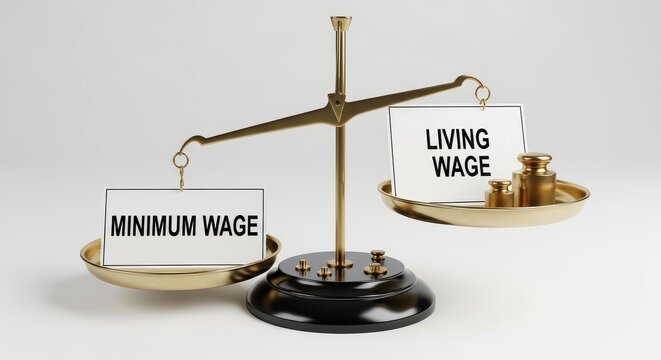 Minimum Wage vs Living Wage Concept on Golden Balance Scale Representing Economic Inequality and Labor Rights