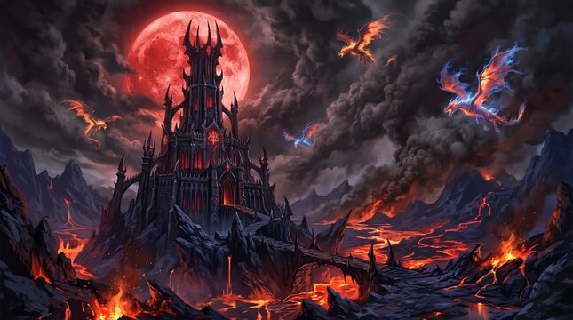 Dark fantasy castle under blood moon with fiery dragons and volcanic landscape